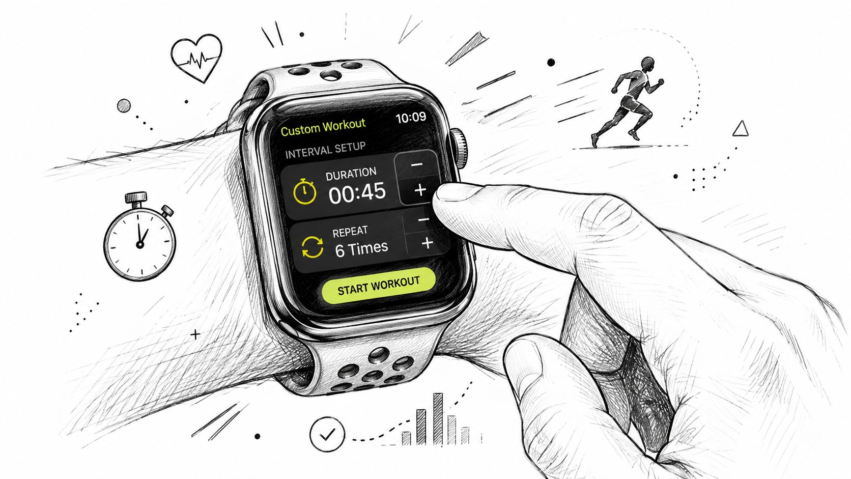 A hand adjusts custom interval workout settings on an Apple Watch displayed in a sketch illustration.