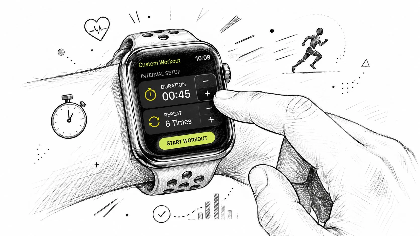 A hand adjusts custom interval workout settings on an Apple Watch displayed in a sketch illustration.