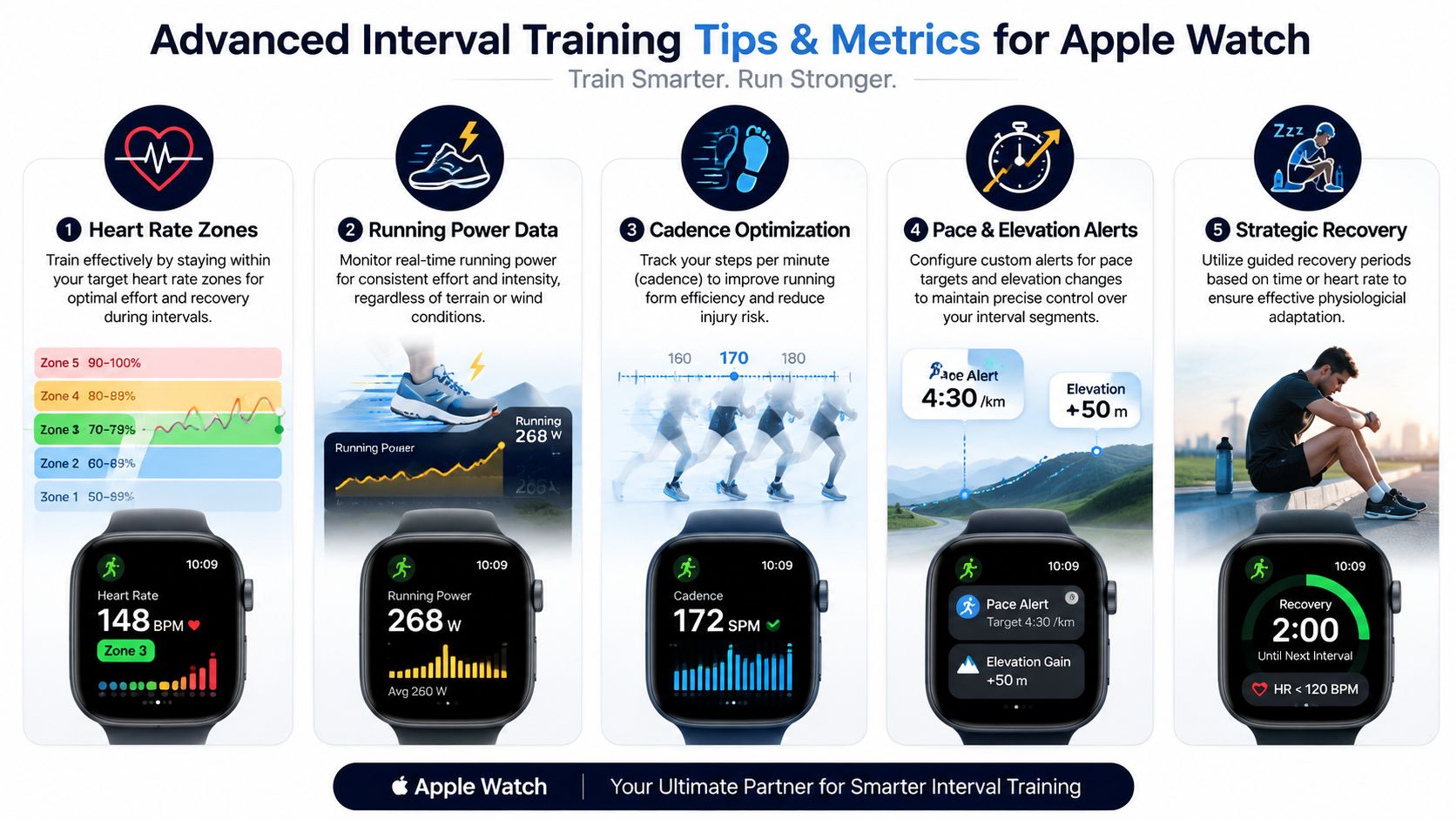 An infographic showing five advanced interval training metrics for runners using the Apple Watch for performance tracking.