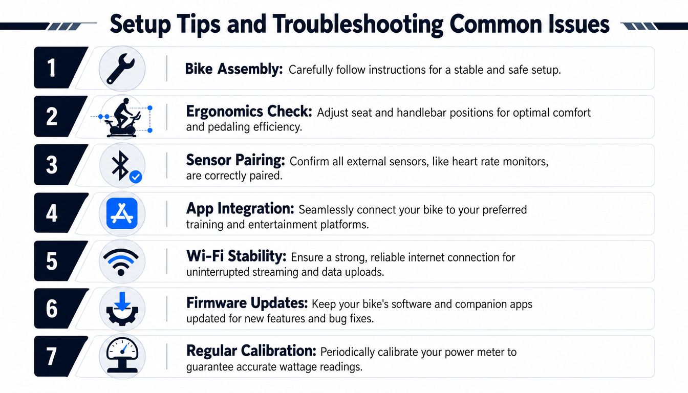 An infographic showing seven setup tips and troubleshooting steps for maintaining a connected exercise bike.