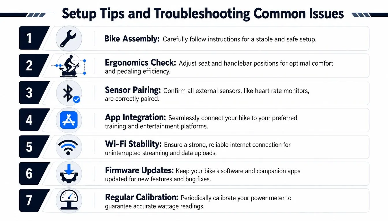 An infographic showing seven setup tips and troubleshooting steps for maintaining a connected exercise bike.