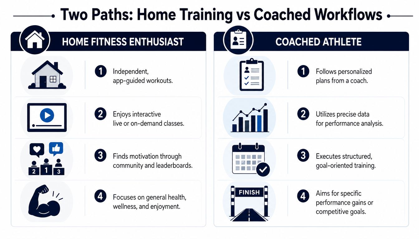 A comparison chart showing differences between independent home fitness enthusiasts and coached athletes' training workflows.