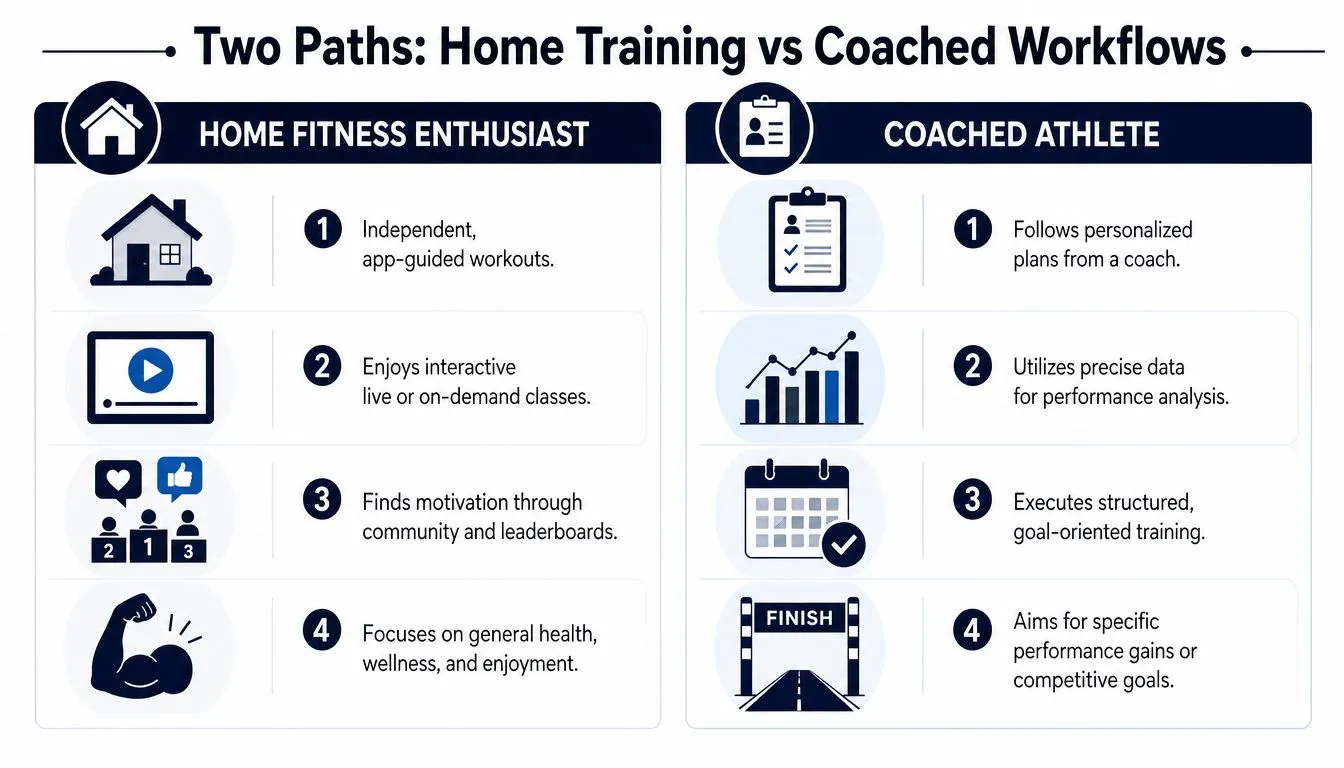 A comparison chart showing differences between independent home fitness enthusiasts and coached athletes' training workflows.