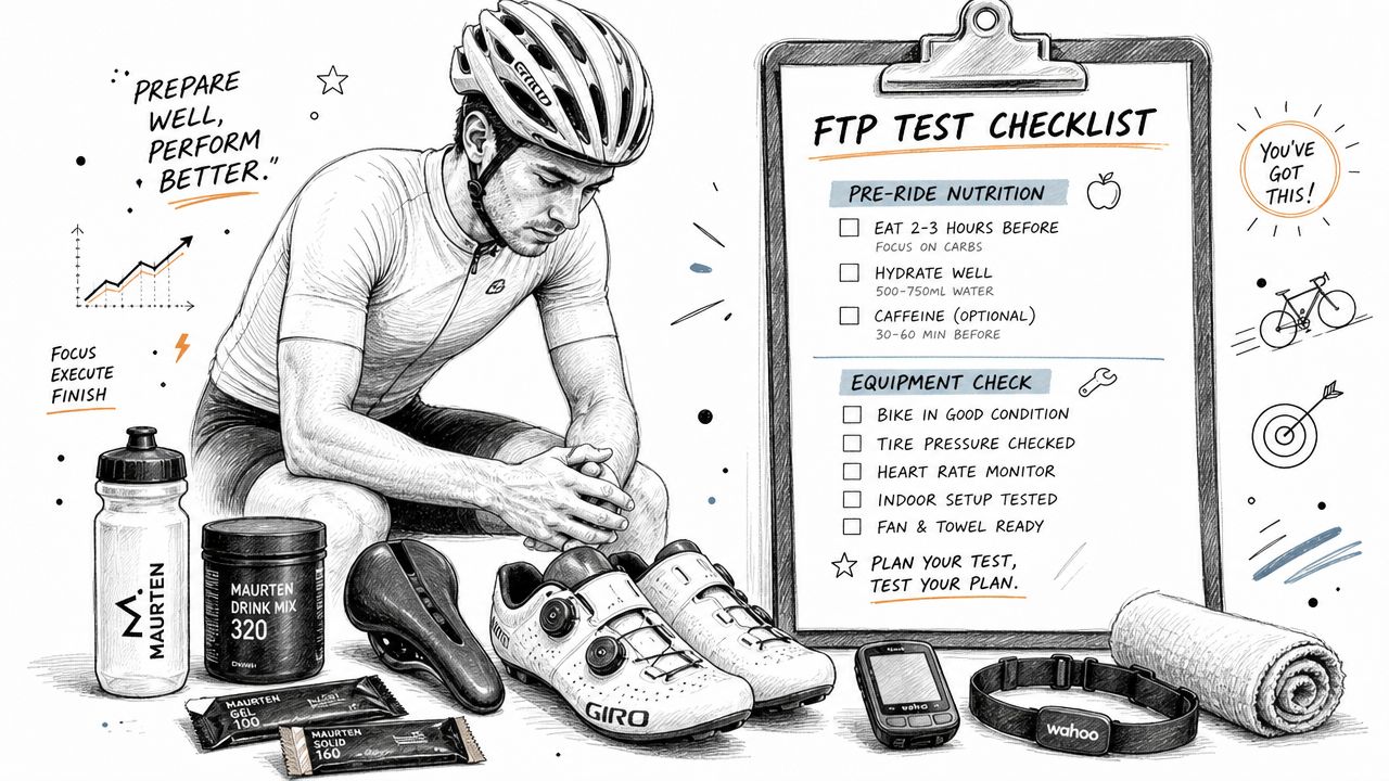 A cyclist sits with gear and a checklist for preparing for a Functional Threshold Power test.