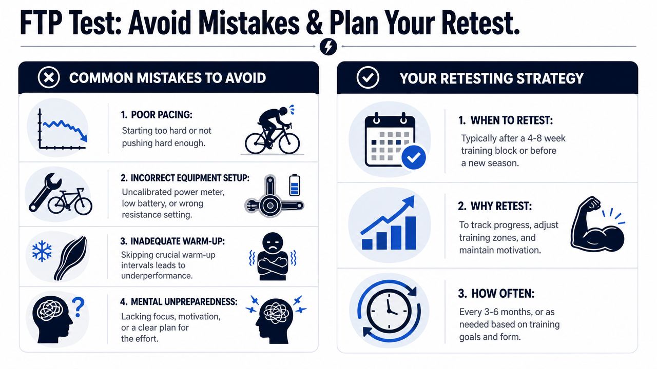 An infographic detailing common mistakes to avoid during an FTP test and strategies for effective retesting.