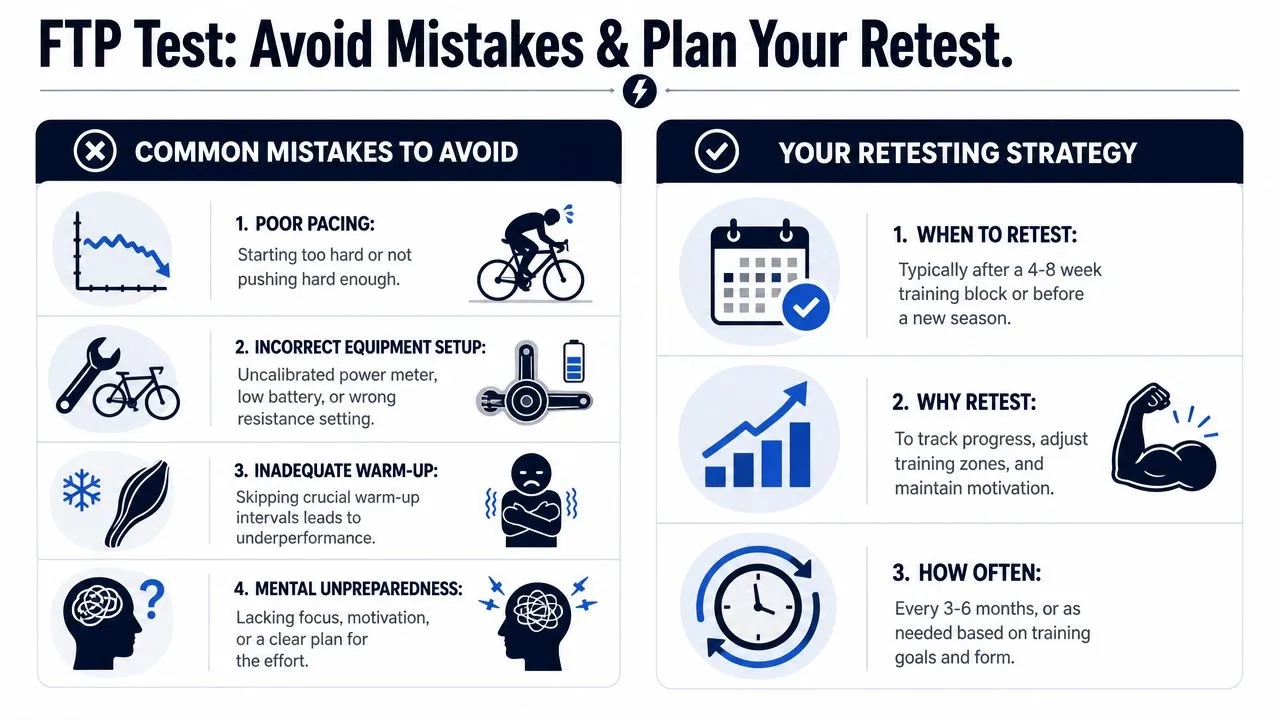 An infographic detailing common mistakes to avoid during an FTP test and strategies for effective retesting.