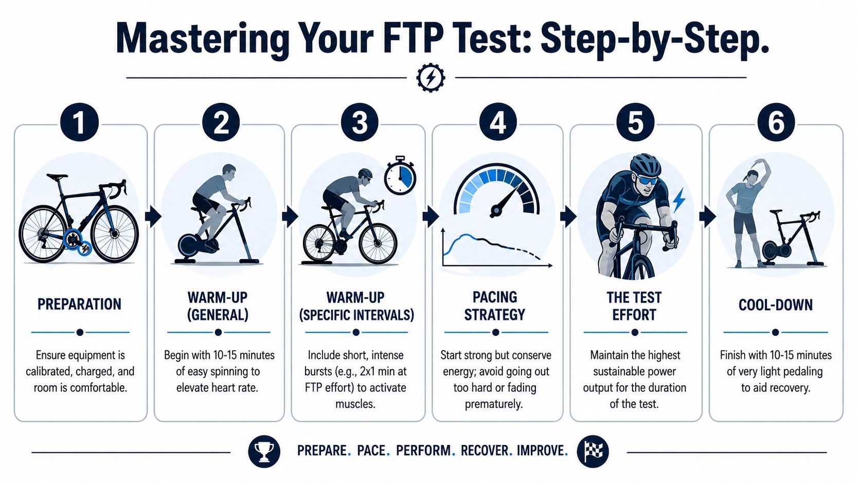 A step-by-step infographic illustrating the process of conducting a cycling FTP test for athletic performance.