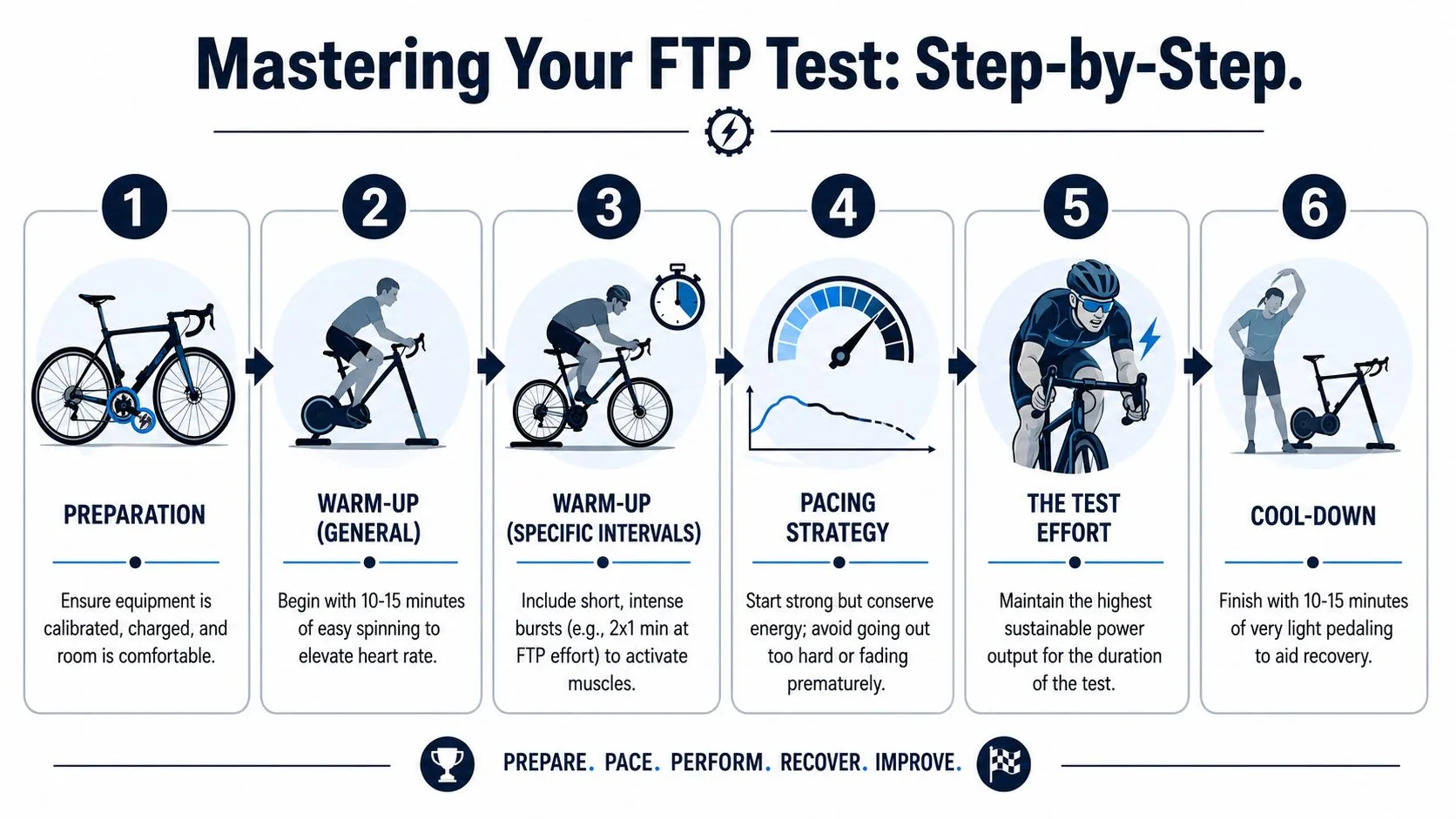 A step-by-step infographic illustrating the process of conducting a cycling FTP test for athletic performance.