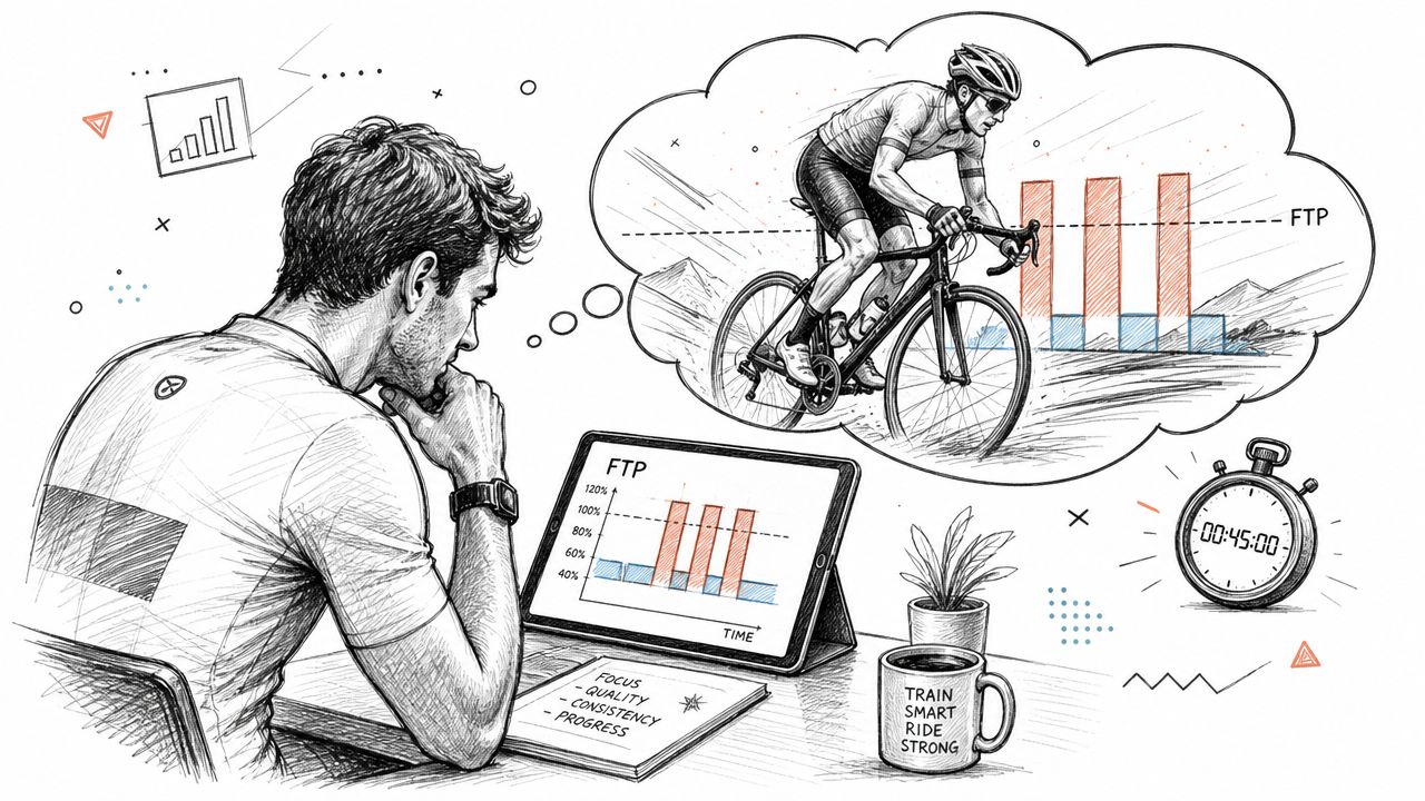 A man analyzing a cycling FTP chart on a tablet while visualizing his training progress.
