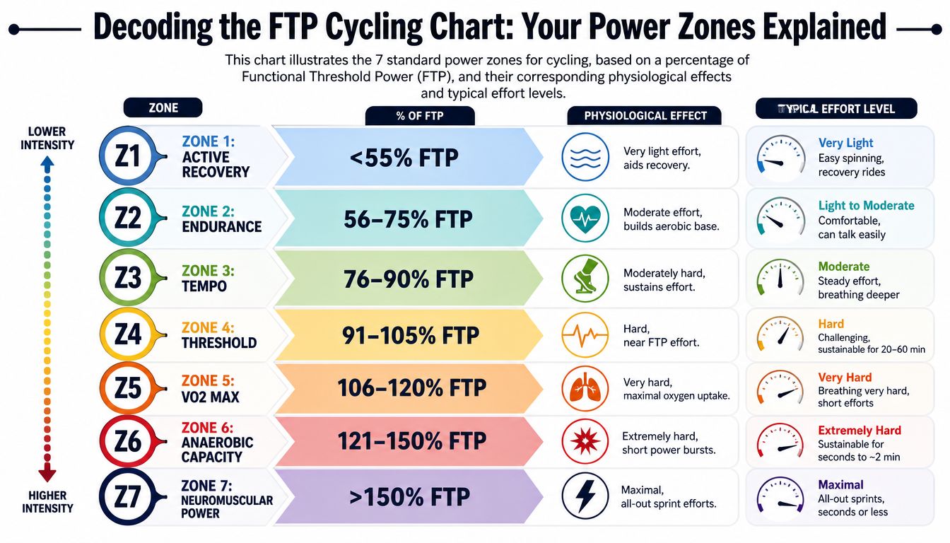 A chart detailing seven cycling power zones based on percentages of Functional Threshold Power and their physiological effects.