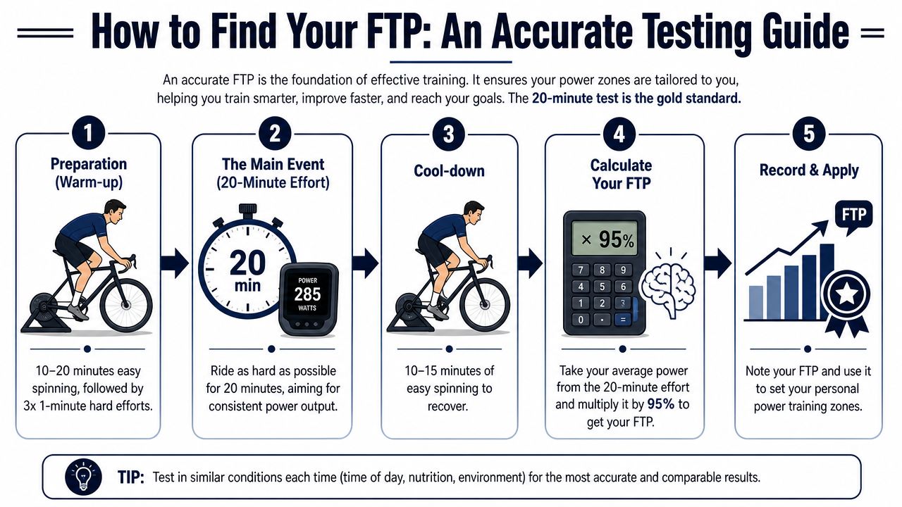 An infographic showing the five steps to perform an accurate twenty-minute functional threshold power cycling test.