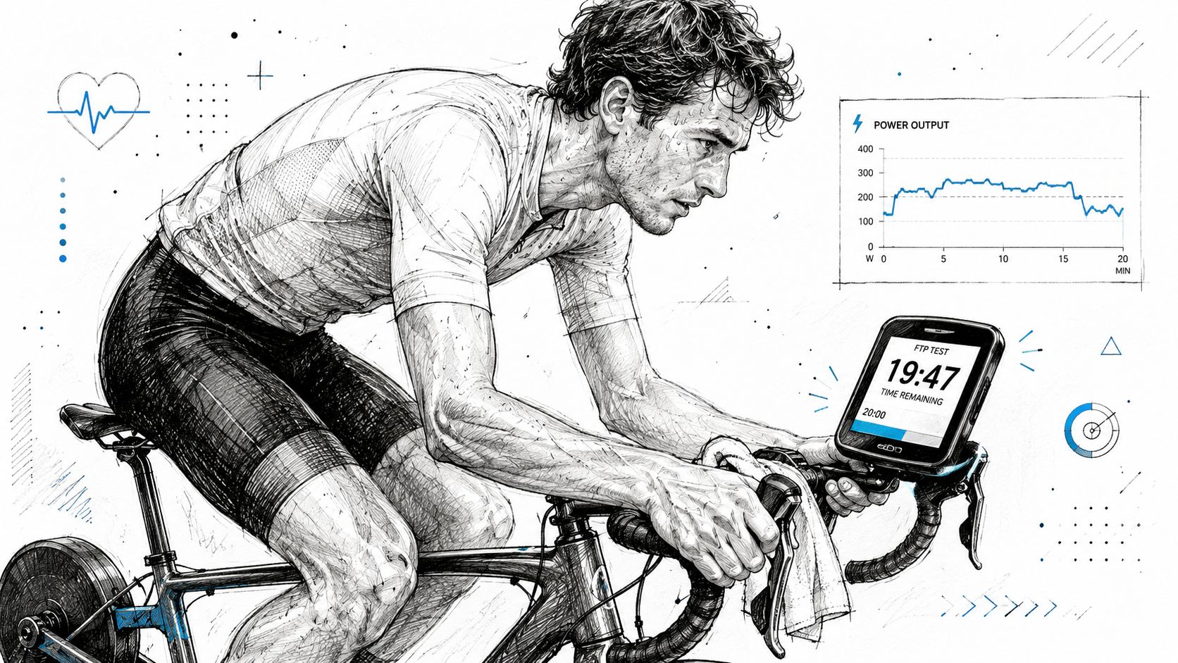 A detailed sketch of a focused cyclist performing an FTP test on an indoor training bike.