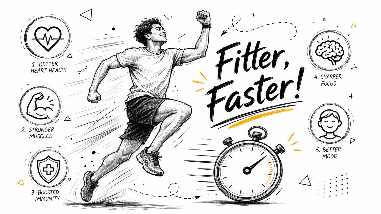 A motivational sketch showing a running man with five health benefits of exercise listed around him.