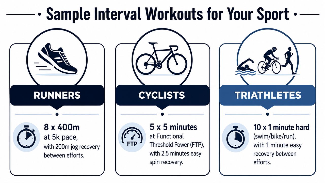 An infographic showing sample interval training workouts for runners, cyclists, and triathletes.