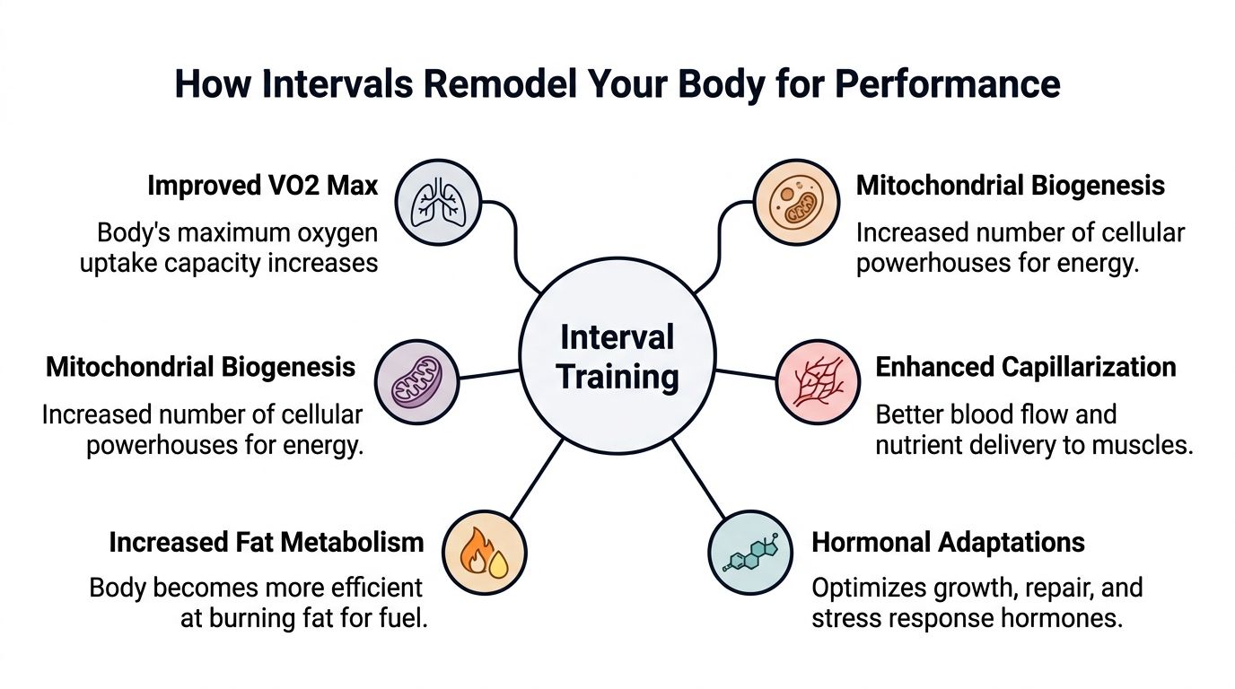 A diagram illustrating the physiological benefits and body improvements resulting from high-intensity interval training sessions.