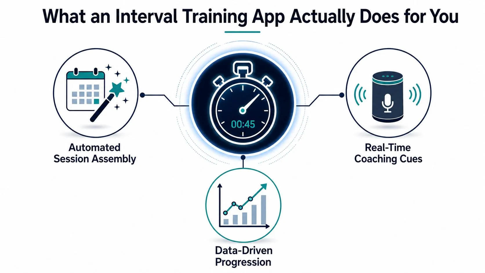 A diagram illustrating the benefits of an interval training app including automated session assembly, coaching, and progression tracking.