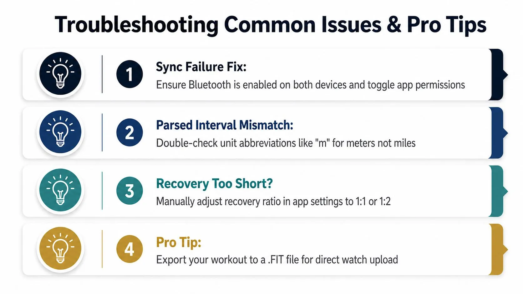 A helpful infographic titled Troubleshooting Common Issues and Pro Tips for interval training app users.