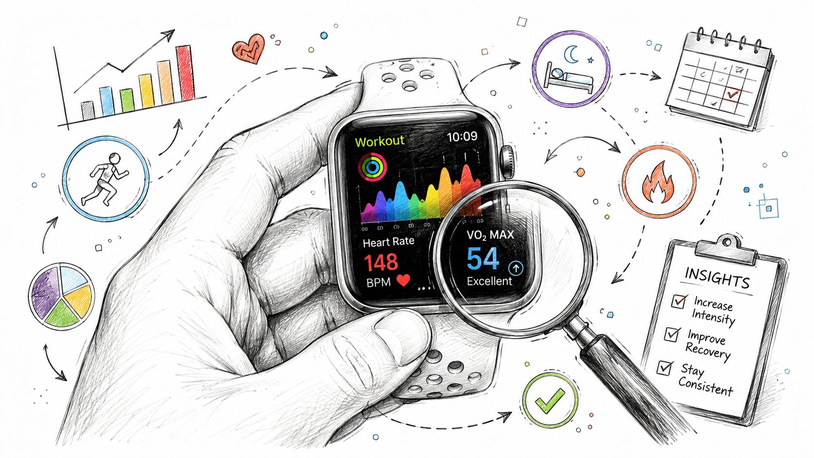 A hand holds an Apple Watch displaying heart rate and VO2 max data with analytical health icons nearby.