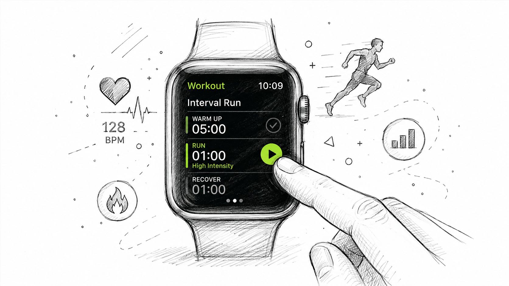 A hand touching an Apple Watch screen displaying an interval running workout app interface with sketch style.