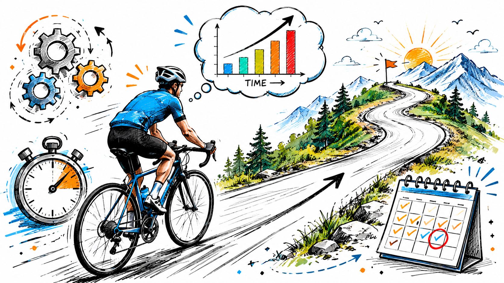A cyclist rides toward a mountain peak, symbolizing progress, efficient time management, and achieving long-term goals.
