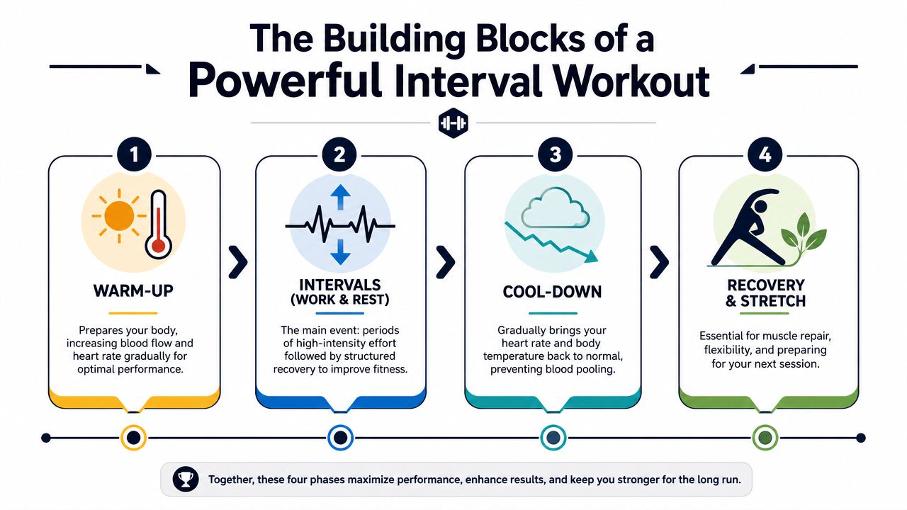An infographic showing the four essential building blocks of a powerful interval training workout routine.