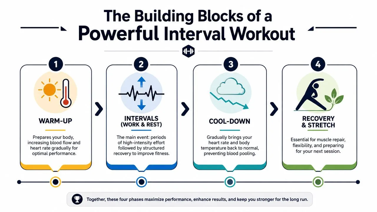 An infographic showing the four essential building blocks of a powerful interval training workout routine.