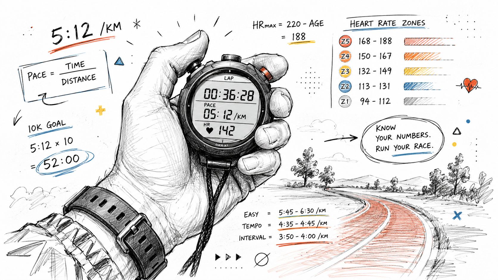 A hand holding a sports watch showing running metrics, with heart rate zones and training pace goals.