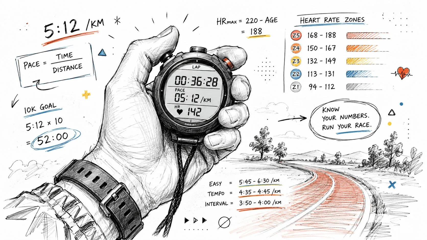 A hand holding a sports watch showing running metrics, with heart rate zones and training pace goals.