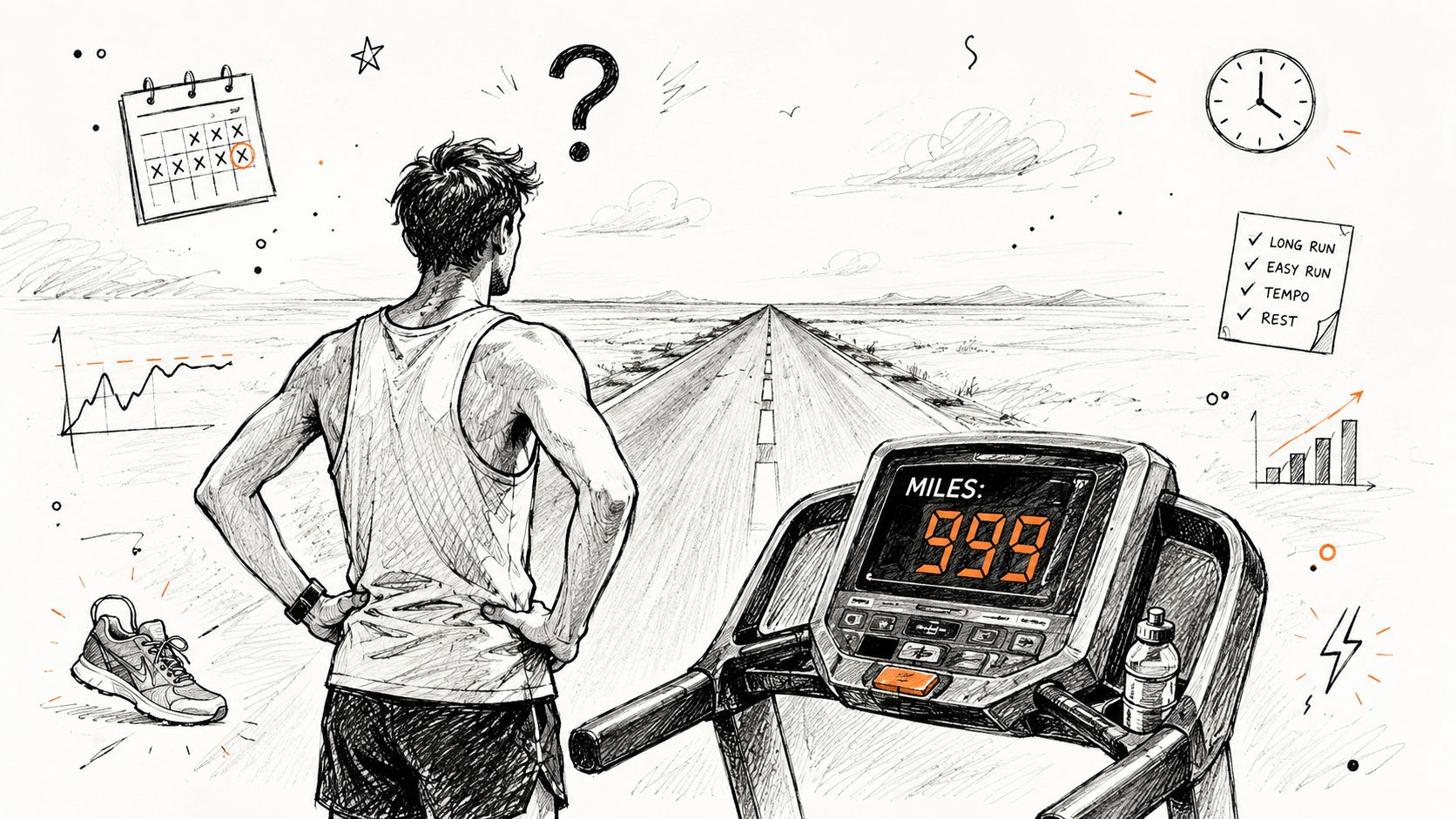 A runner stands before a treadmill looking out at a long open road with fitness planning icons.