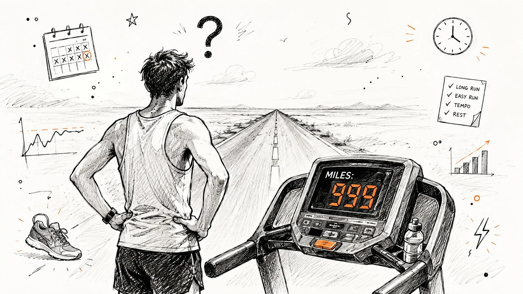 A runner stands before a treadmill looking out at a long open road with fitness planning icons.