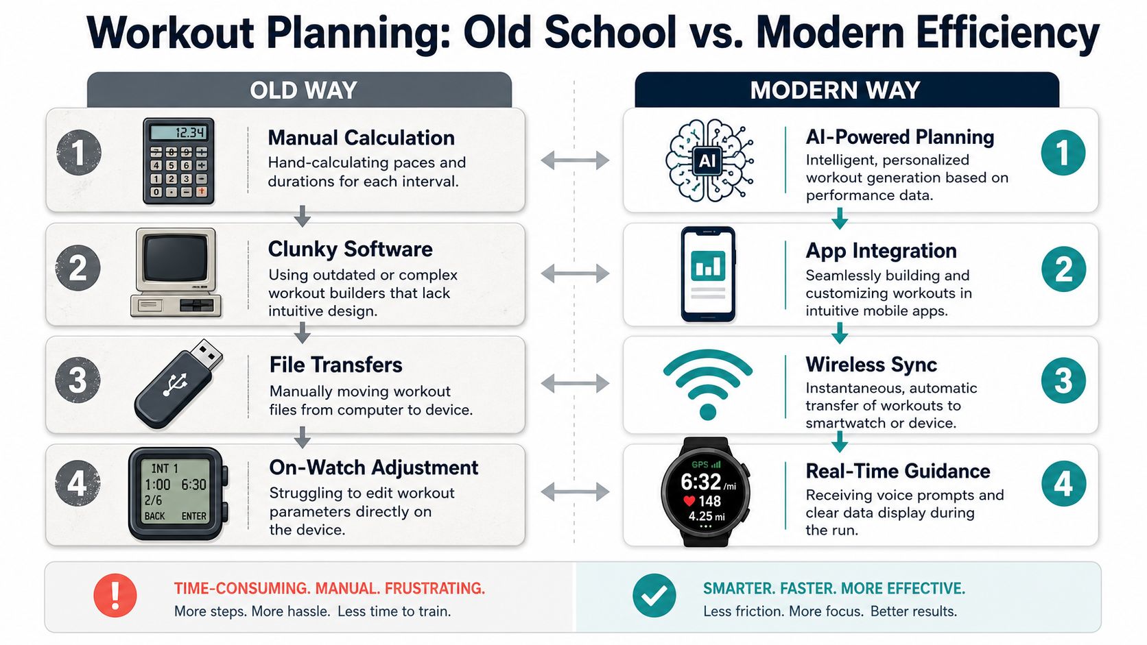 A comparison chart showing the evolution of workout planning from manual calculations to efficient modern AI-powered applications.
