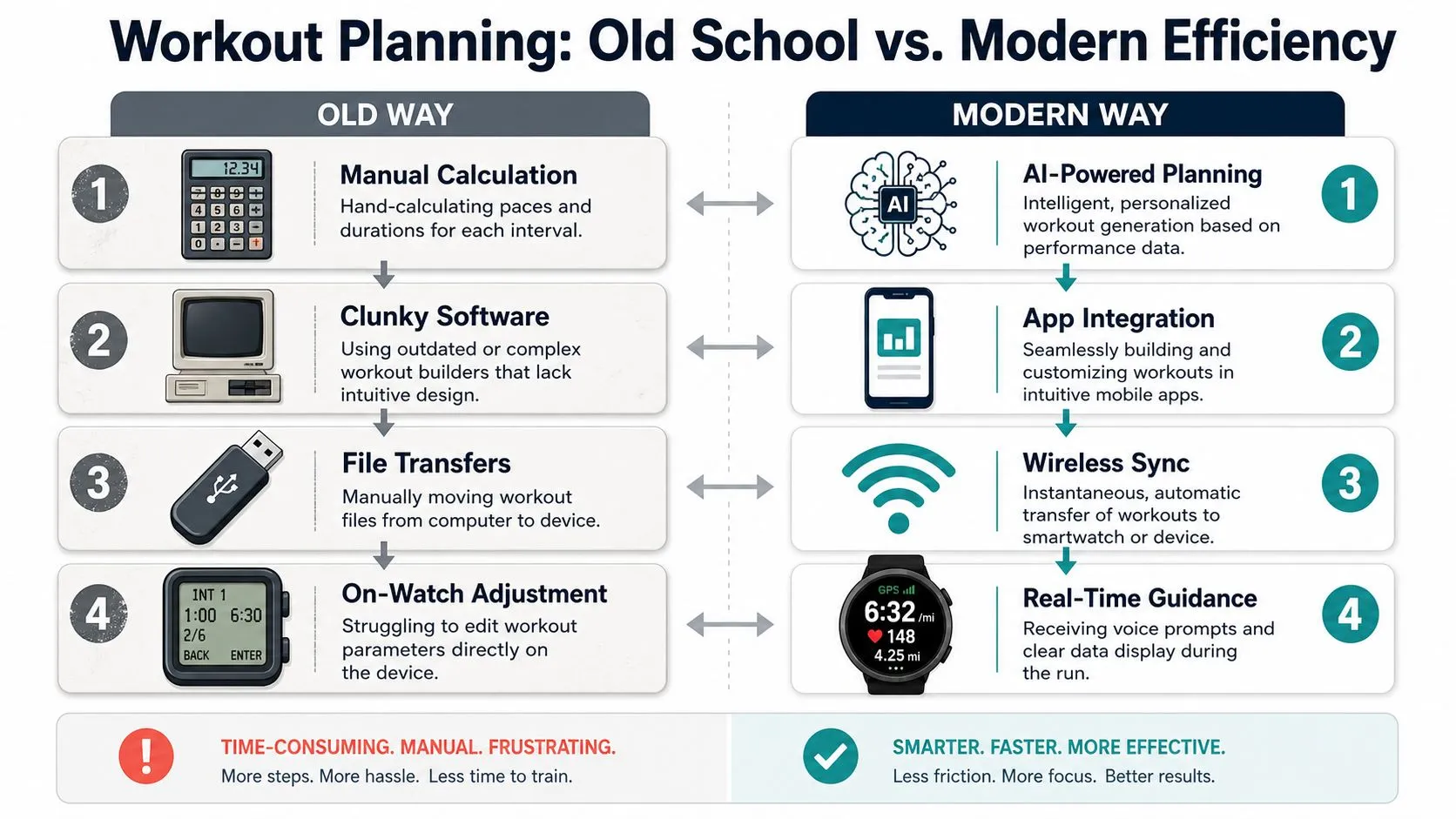 A comparison chart showing the evolution of workout planning from manual calculations to efficient modern AI-powered applications.