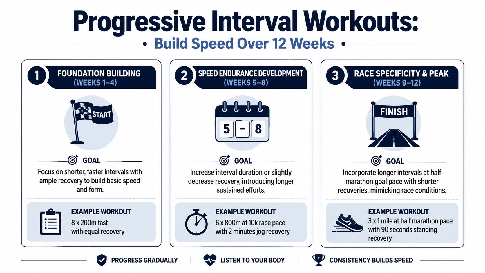 A 12-week guide for progressive interval training to improve speed and performance for runners.