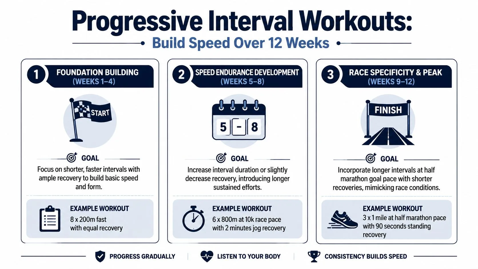 A 12-week guide for progressive interval training to improve speed and performance for runners.