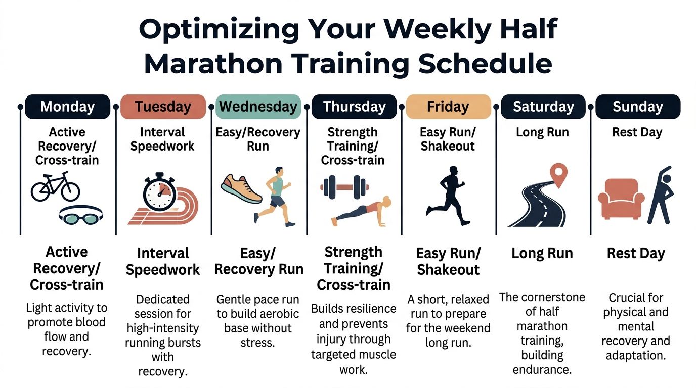 A weekly half marathon training schedule visual guide featuring daily activities from Monday to Sunday.