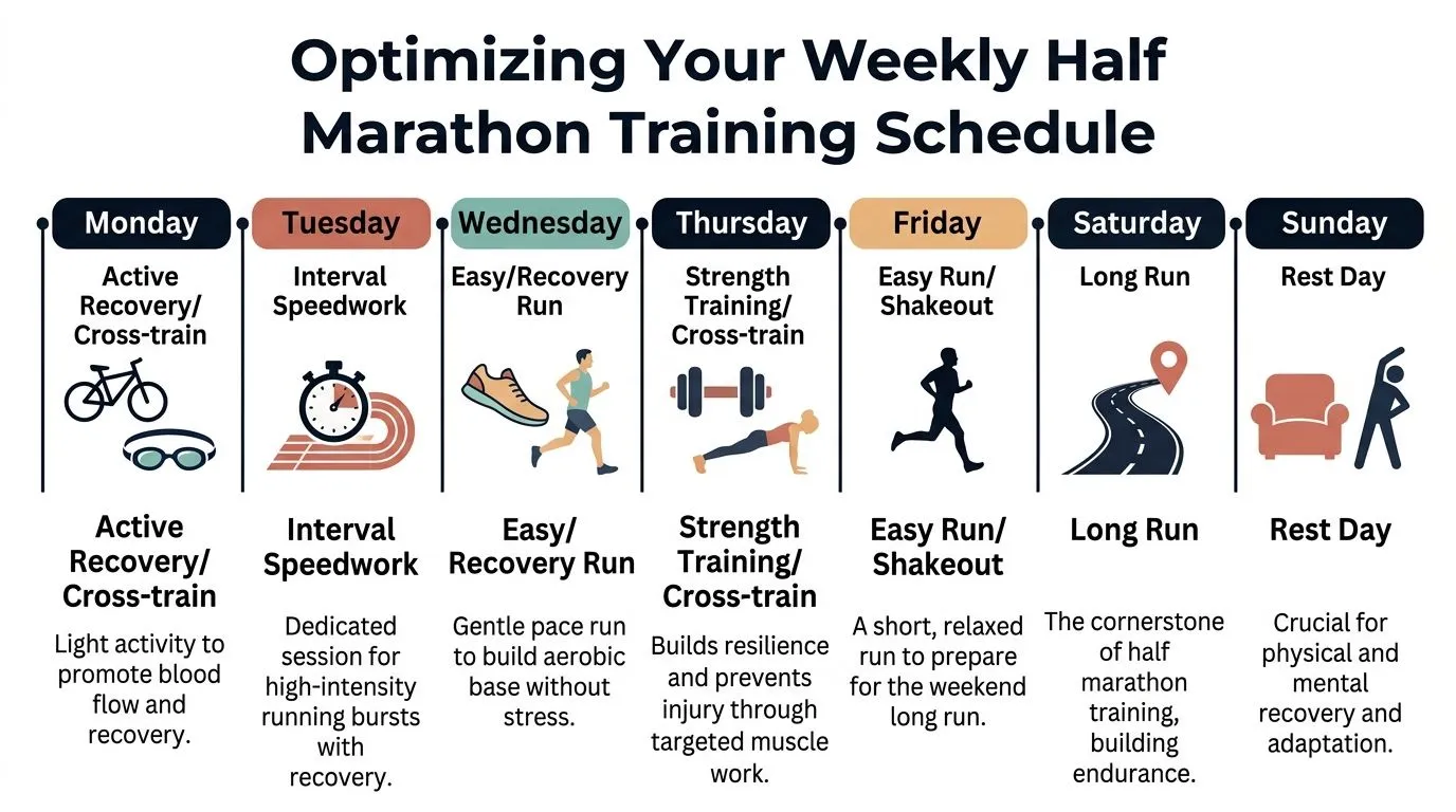 A weekly half marathon training schedule visual guide featuring daily activities from Monday to Sunday.