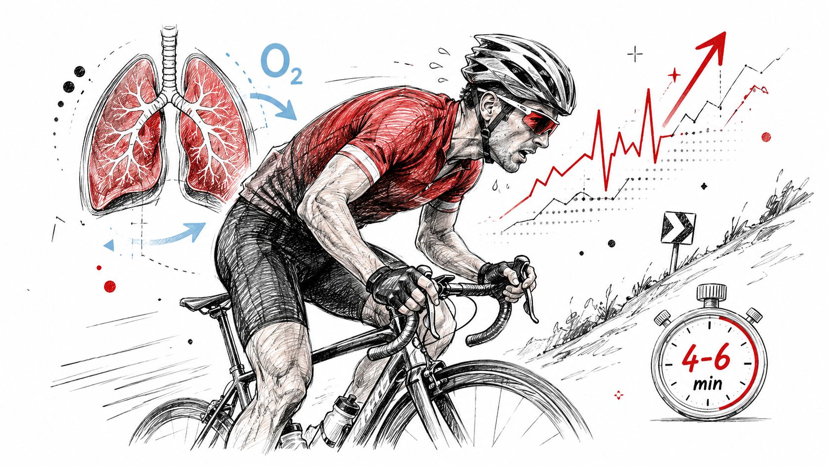 A professional cyclist riding uphill, representing an intense interval workout with heart rate and oxygen indicators.