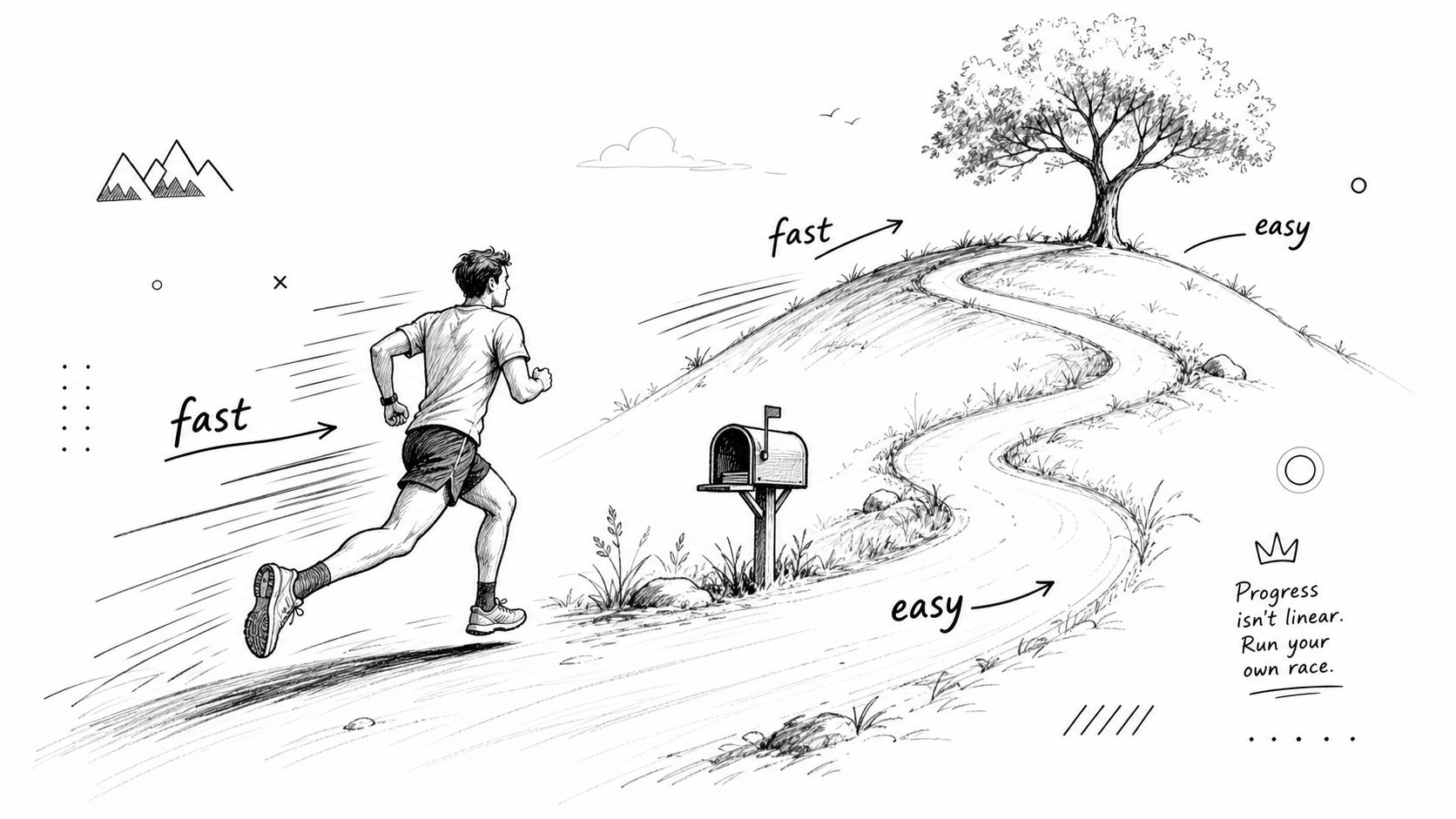 A hand-drawn illustration depicting a runner on a path with text indicating that progress is not linear.