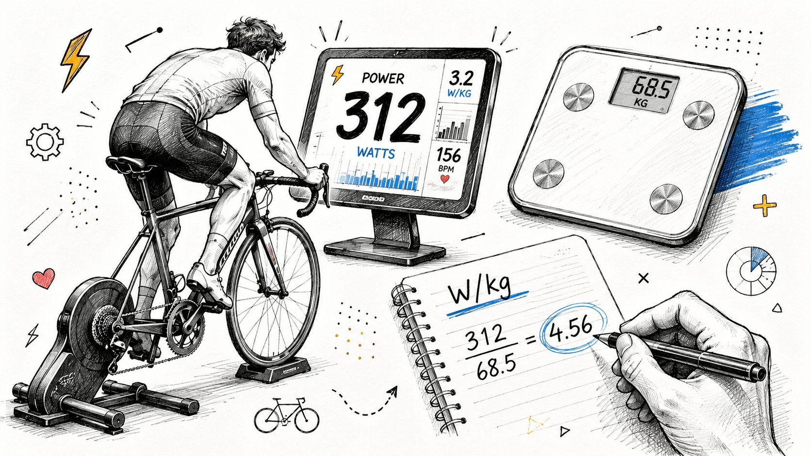 A hand calculating a cyclist's power-to-weight ratio using watt output, body weight, and a notebook.
