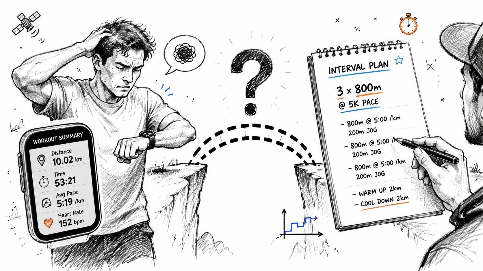 A runner looking confused at his smartwatch next to a notebook showing a running interval plan.
