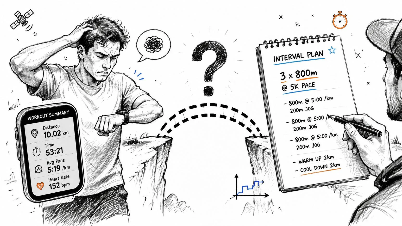 A runner looking confused at his smartwatch next to a notebook showing a running interval plan.