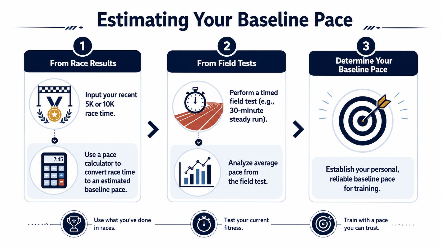 A three-step infographic showing how to calculate a running baseline pace using race results and field tests.