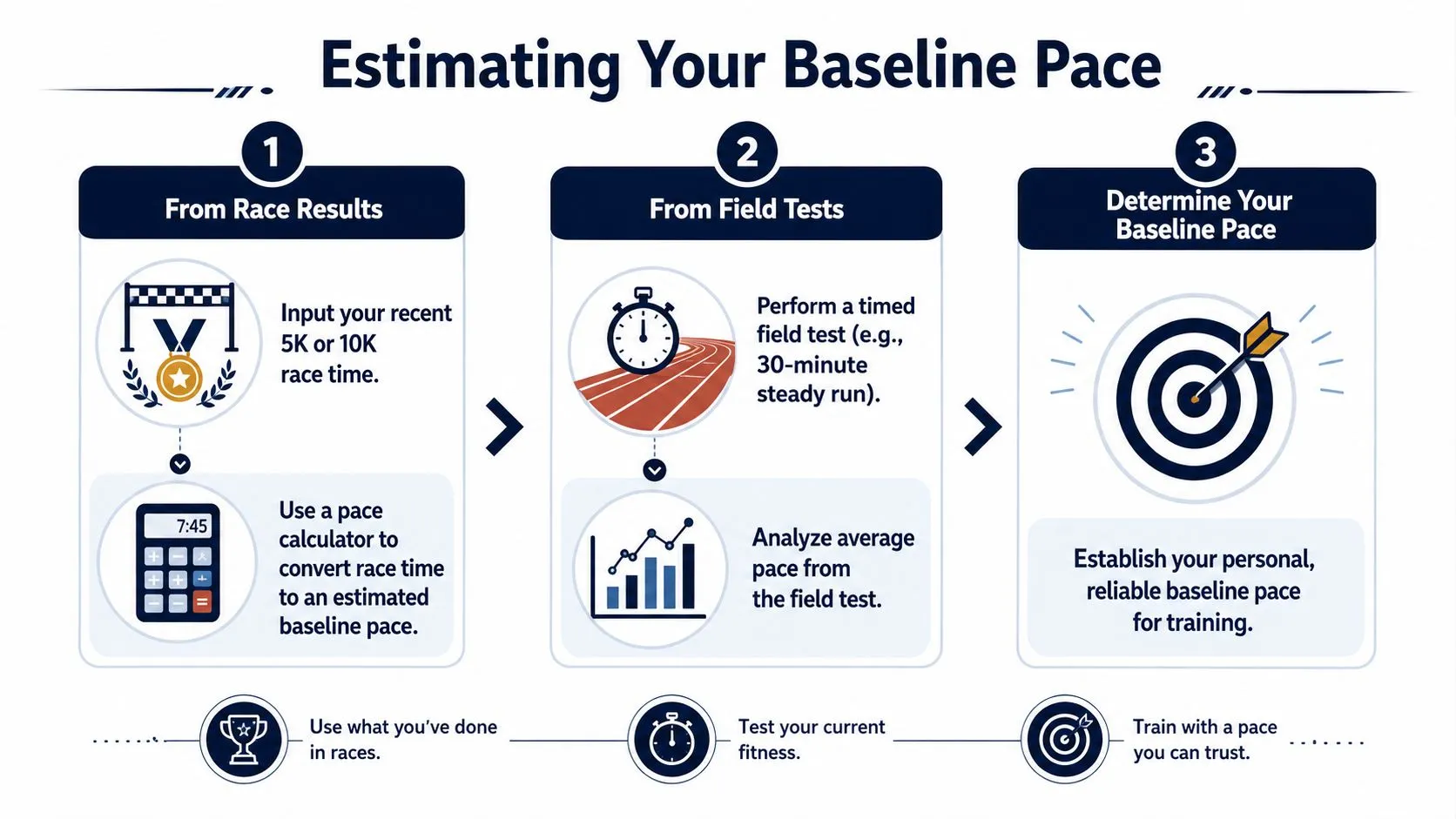 A three-step infographic showing how to calculate a running baseline pace using race results and field tests.
