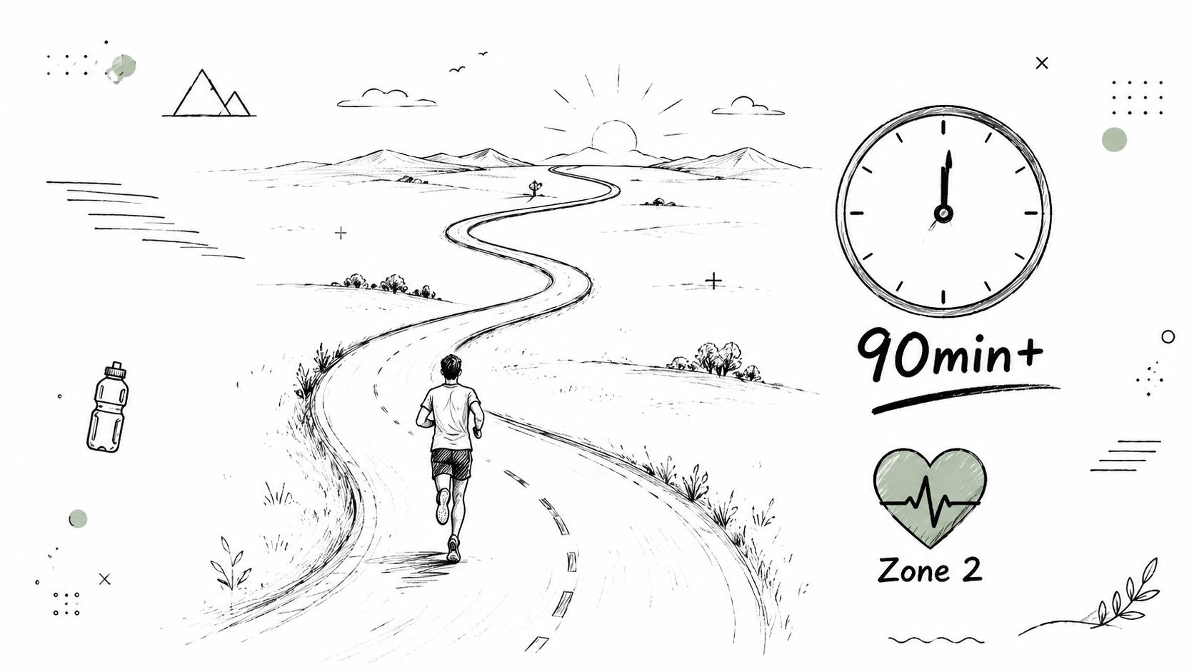 A line art illustration of a person running on a long road, with time and heart rate indicators.