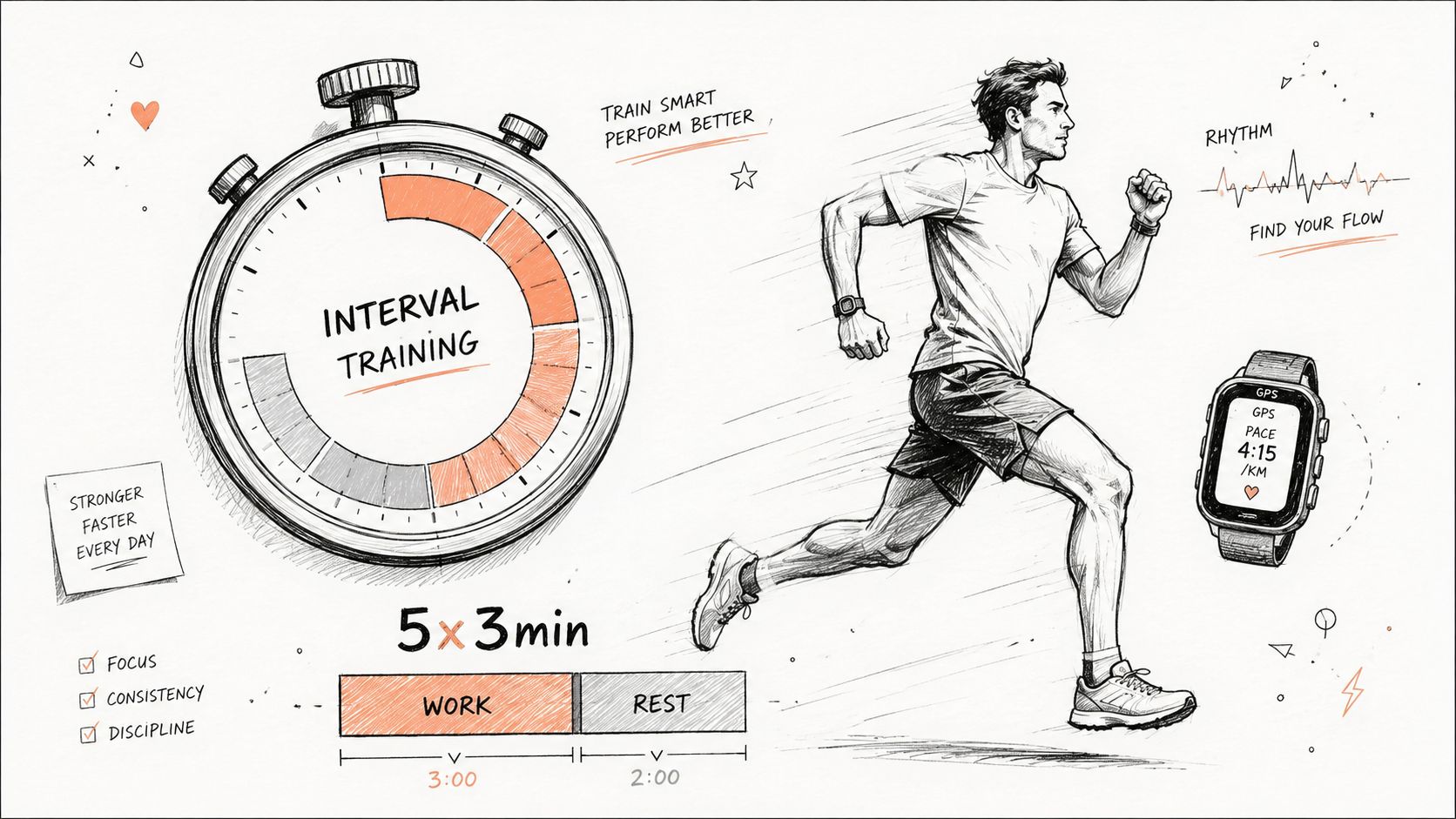 A pencil-style illustration showing a runner, a stopwatch, and a 5x3 minute interval training plan.