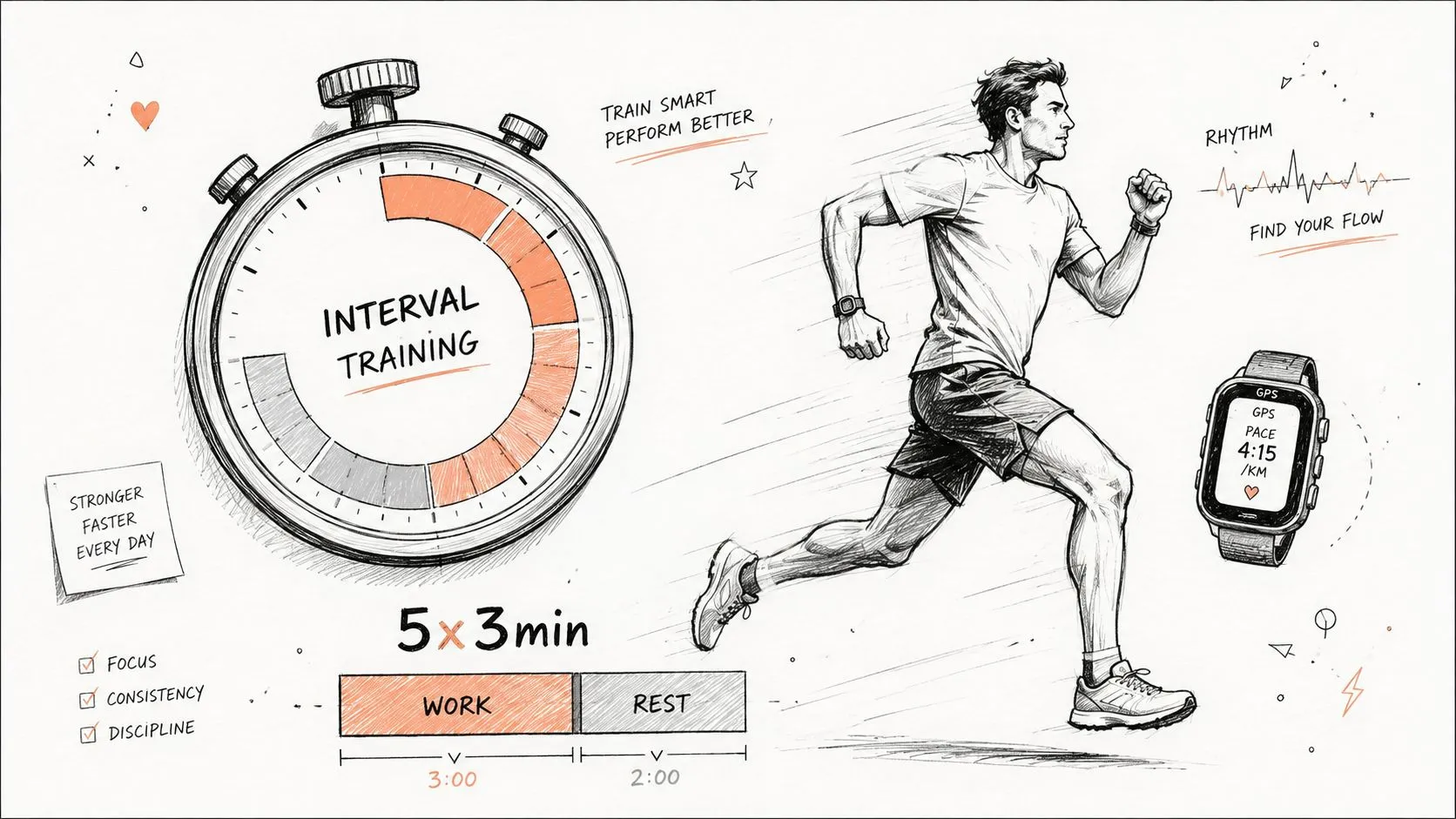 A pencil-style illustration showing a runner, a stopwatch, and a 5x3 minute interval training plan.
