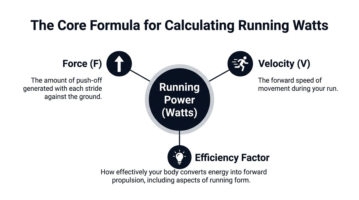 A diagram explaining the core components used to calculate running power in watts: force, velocity, and efficiency.