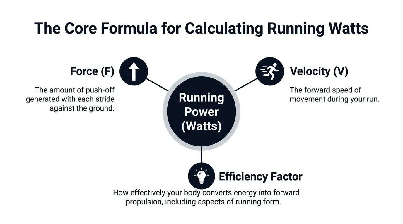A diagram explaining the core components used to calculate running power in watts: force, velocity, and efficiency.