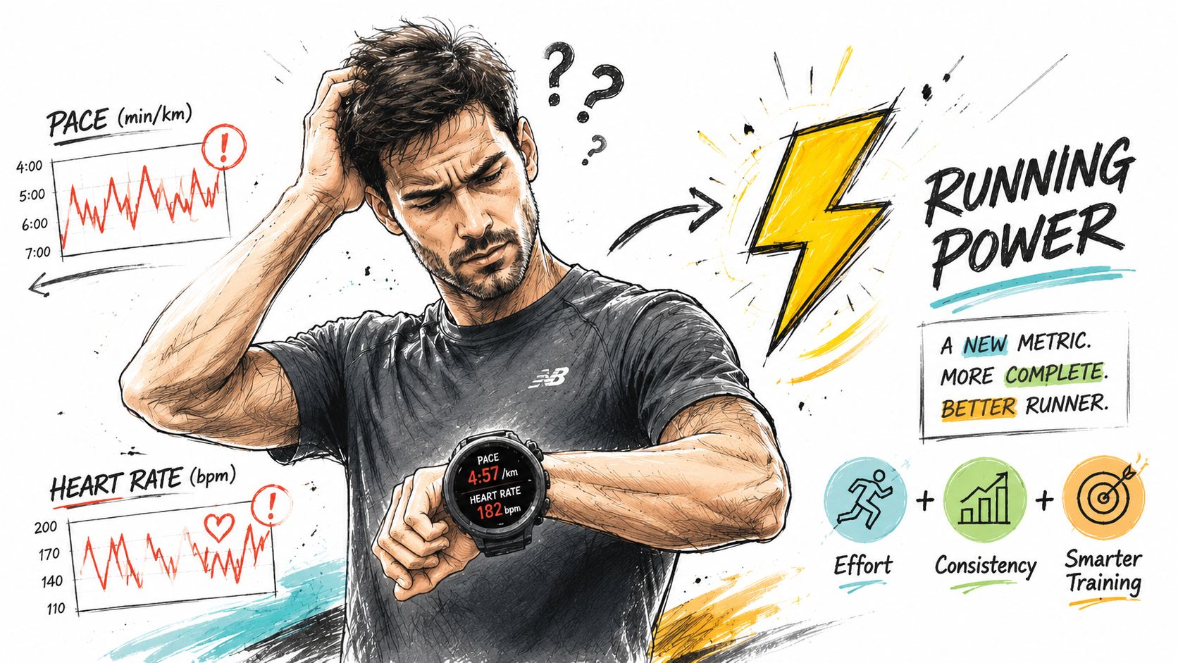 A confused male runner looks at his watch while comparing pace and heart rate training metrics.