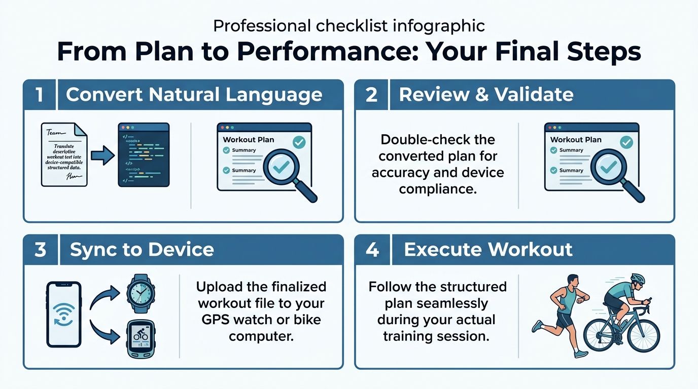 A professional infographic titled From Plan to Performance outlining four steps to convert and execute structured workout plans.